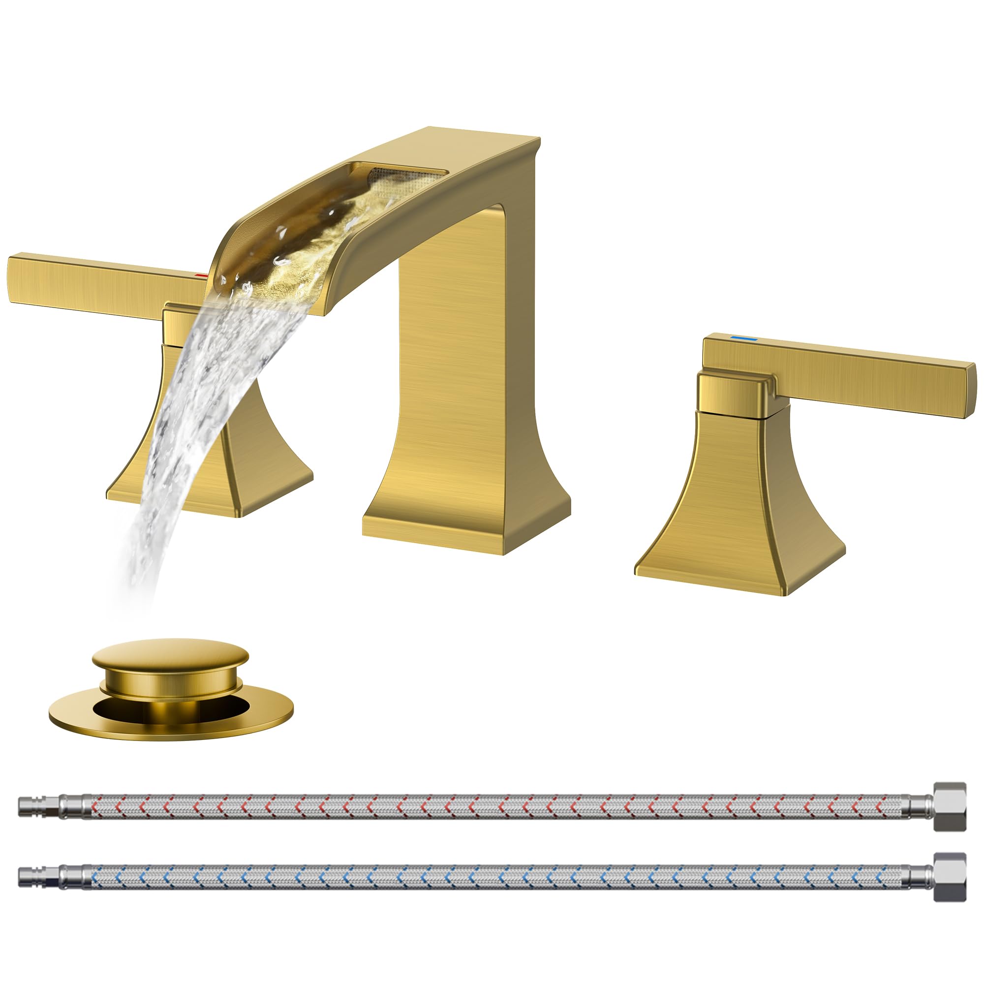 FORIOUS Waterfall Brushed Gold Bathroom Faucet 3 Hole Vanity, Two Handle Brass Gold Faucet for Bathroom Sink Widespread 8 Inch with Metal Pop-up Drain and CUPC Pre-Assembled Hose Image
