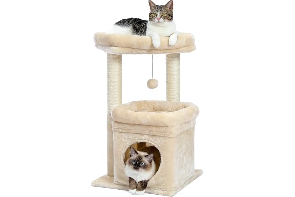 PAWZ Road Small Cat Tree with Sisal Scratching Posts and Soft Perch, Beige | Cat Tower with Cozy Cat Condo, Plush Pompom for