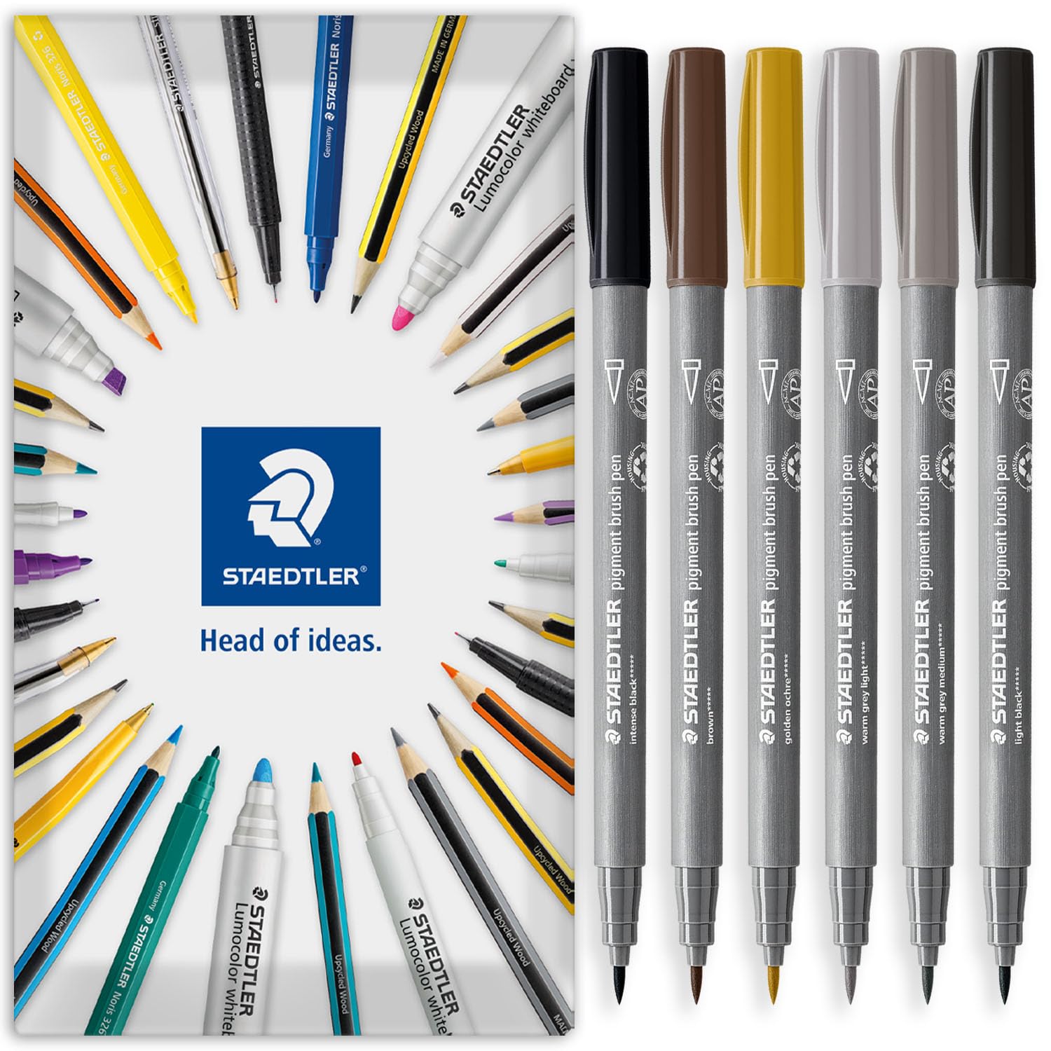 STAEDTLER 371 Pigment Brush Pens | Pigment Arts | Adult Colouring Fibre-Tip Colouring Pen | Medium-Firm Nylon Brush Tip Nib (Sepia Wallet of 6)
