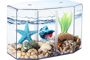 TSXUREPAW Small Fish Tank - Mini Betta Bow Tank Tiny Aquarium Tank - Include Starfish Decoration & Fish Tank Gravel - 2/5 Gallon Fish Bowl Divided Compartments Beta Fish Tanks for 2 Betas Sea Monkeys