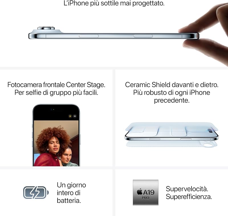 iPhone Air 512 GB: l’iPhone più sottile di sempre, display 6,5" con ProMotion fino a 120Hz, potente chip A19 Pro, fotocamera frontale Center Stage, eSim; Nero siderale