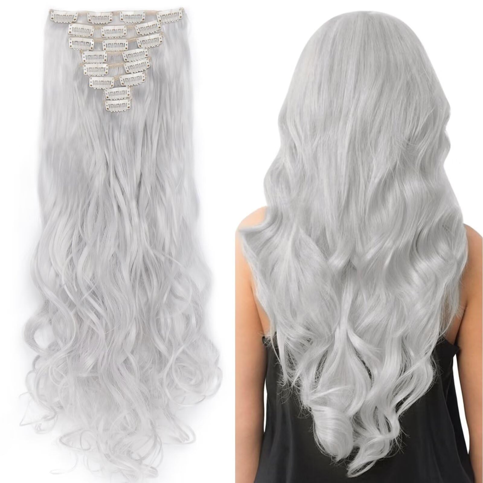 8PCS Silver Grey Hairpiece Clip in Hair Extensions 24inch Long Curly Wavy Synthetic Hair Piece