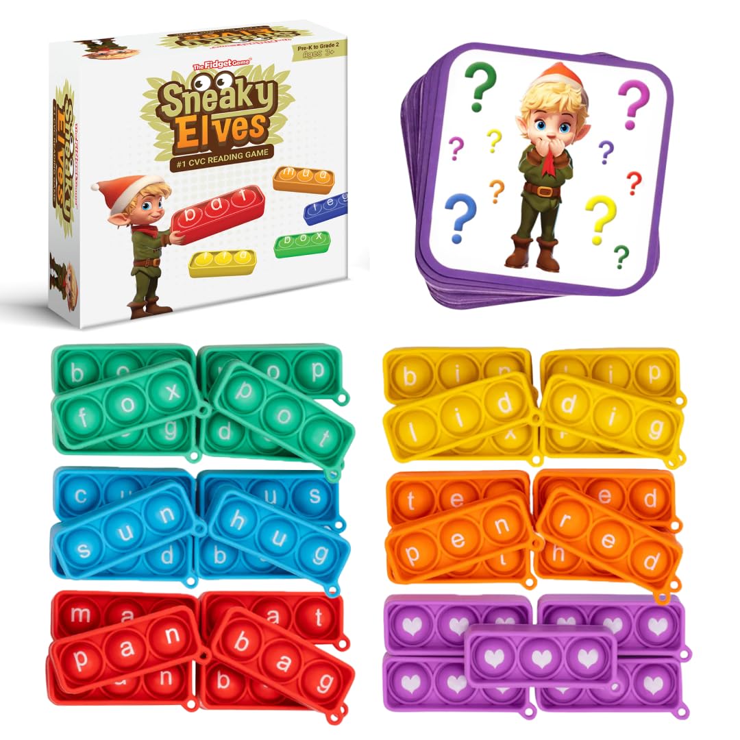 The Fidget Game Sneaky Elves CVC Sight Words Game, Mini Pop Sensory Toy to Learn and Spell, Educational Kindergarten Classroom Activities, Multisensory Reading and Phonics Flash Cards for 3+ Years