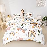 Homewish Boho Rainbow Comforter Set Twin Size Cute Butterfly Bedding Set 2pcs for Kids Girls Boys Adult Room Decor Cartoon Love Heart Palm Leaves Quilt Set Animals Botanical Duvet Insert,1 Pillowcase