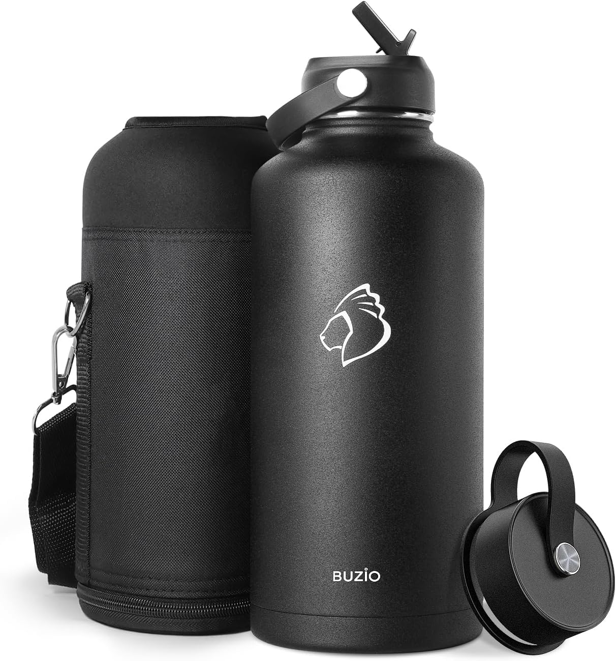 Stainless Steel Water Bottle 2.5L, BUZIO Vacuum Insulated Water Bottle with Straw Lid and Flex Cap Cold for 48 Hrs, Hot for 24 Hrs Double Wall Wide Mouth BPA Free Leak Proof, Black