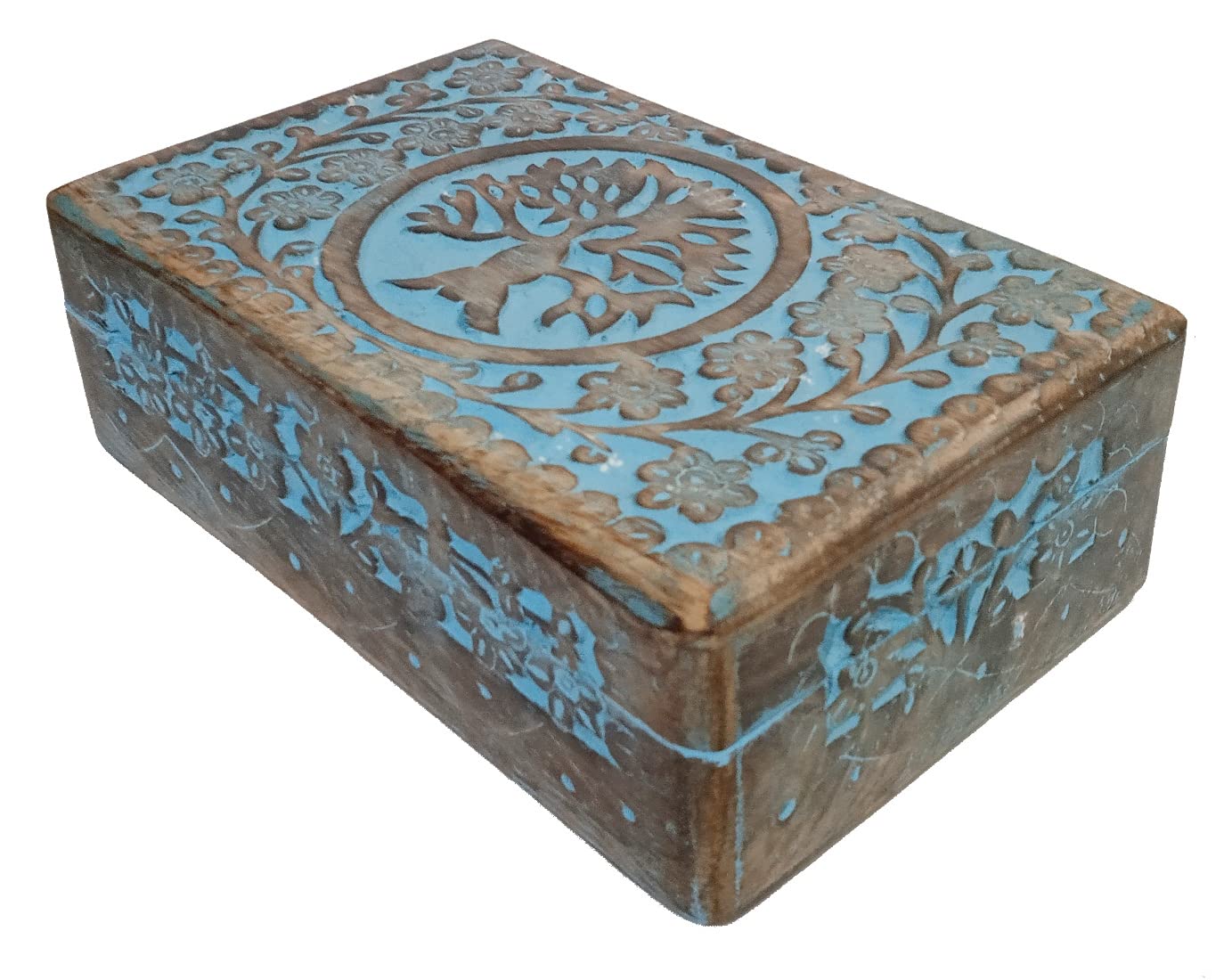 Purpledip Wooden Handcarved Box 'Tree of Life': For Jewelry, Trinkets, Cards, or Tea Bags, Vintage Blue (12235A)
