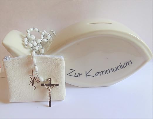 Christshop Kommunion - Rosenkranz -Set Mädchen = Rosenkranz/Etui und Spardose Ichthys