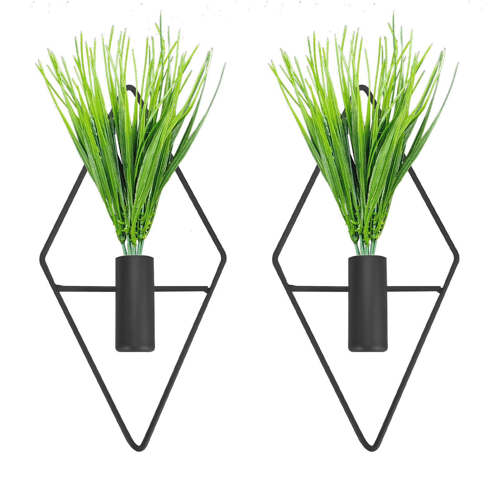 Thatyro Triangle and Rhombus Shapes Metal Hanging Planters Vase with Artificial Aquatic Plants Geometric Wall Decor Indoor Plants Holder for Home Living Room Porch Office (2PCS, Black)