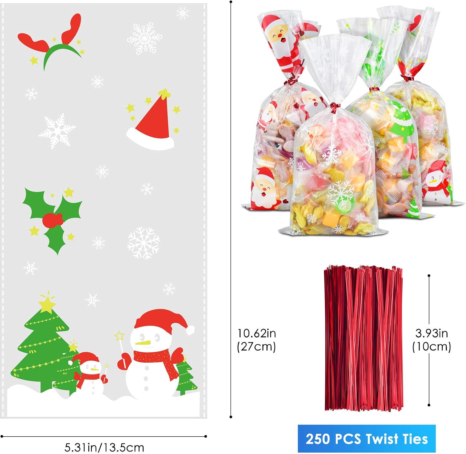 ERKOON 200 PCS Christmas Cellophane Candy Gift Bags Cookie Treat Bags Clear sweet Bags with 250 PCS Twist Ties for Party Festival Favor 4 Styles(Christmas tree - Image 3