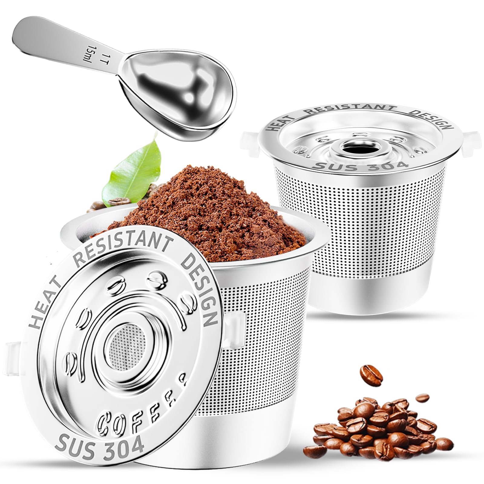 2 Pack Reusable K Cups Coffee Pods for Keurig Single Hole Machine: All Stainless Steel Refillable K Cups - Reusable Coffee Filters for Keurig, SUS 304‌, BPA-Free, Heat Resistant Handles, Scoop