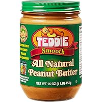 Teddie All Natural Peanut Butter, Smooth 3pk, Gluten Free & Vegan, 16 Ounce Glass (Smooth, Pack of 3)