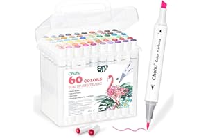 Ohuhu Markers for Adult Coloring Books No Bleeding 60 Colors Water-based Dual Tips Coloring Markers for Kids Adults Beginners Drawing Pens for Journaling Lettering (Brush & Chisel)