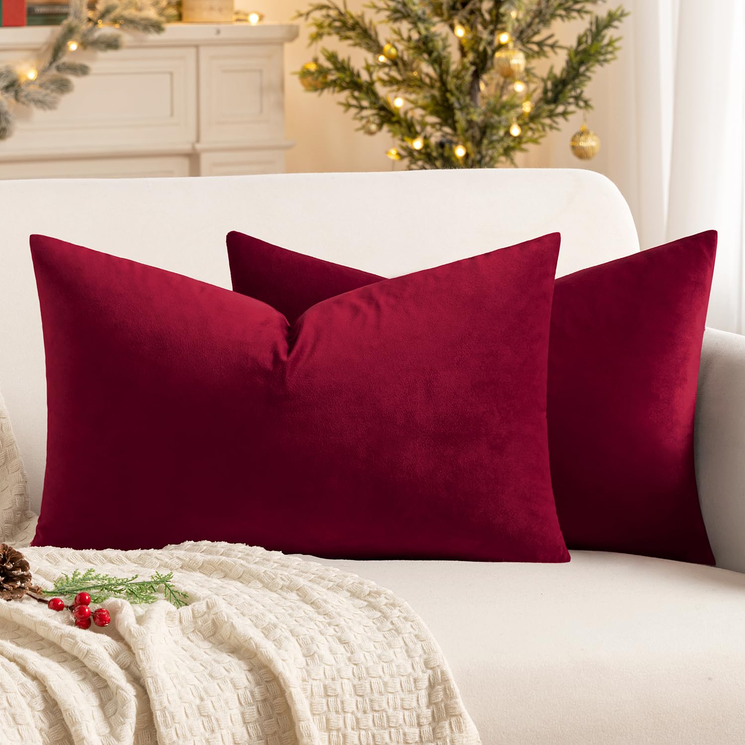 MIULEE Velvet Soft Decorative Square Throw Pillow Case Cushion Covers Pillowcases for Livingroom Sofa Bedroom with Invisible Zipper 16"x24" 40x60 cm 2 Pieces Wine Red