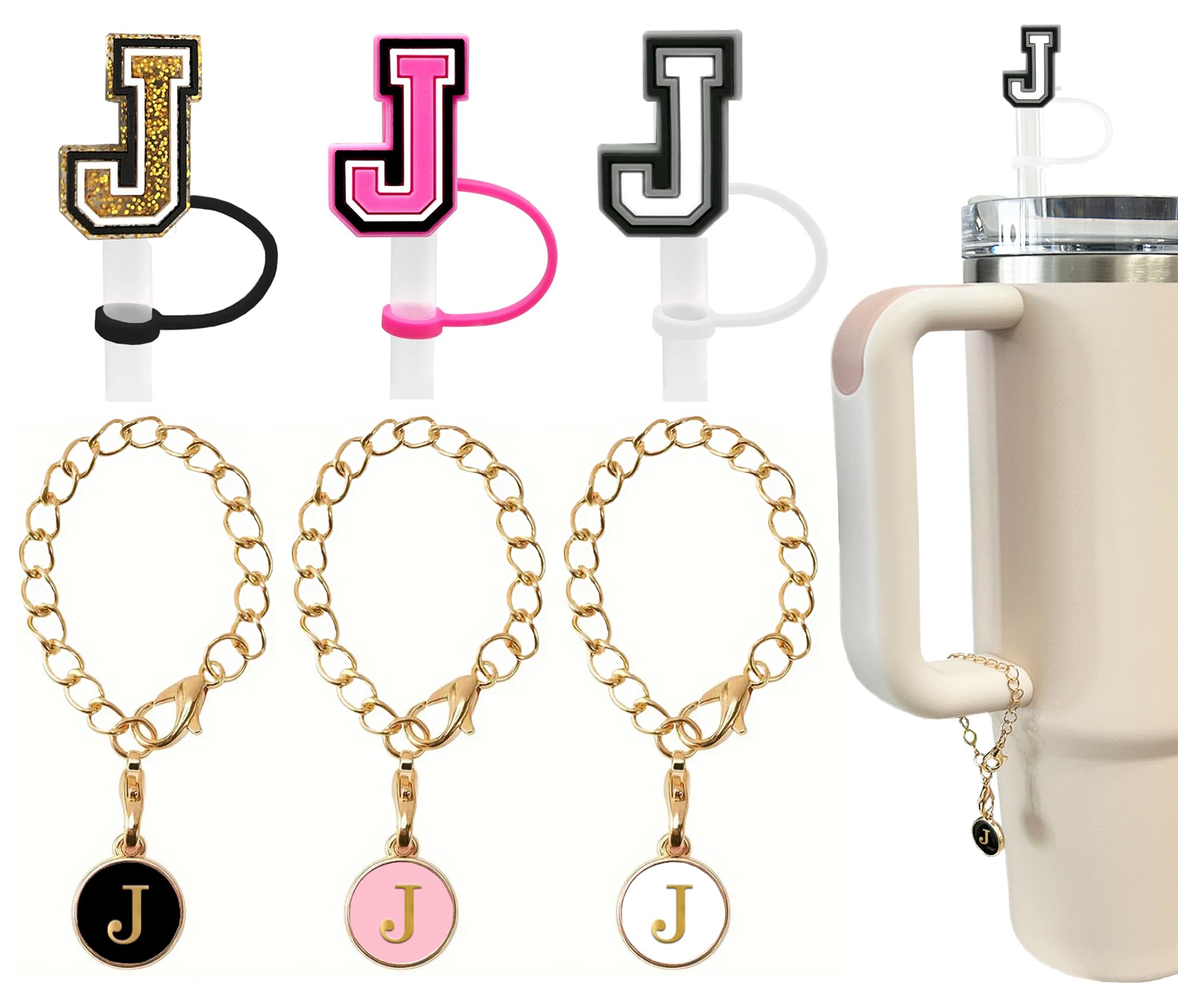 Photo 1 of ?3 +3) 3PCS Nuozme Straw Cover 10mm For Stanley Tumbler Cup Reusable Straw Cap Topper with 3 Initial Letter Charms Accessories Name ID Personalized Handle Charm For Stanley 30&40 Oz Cup Tumbler