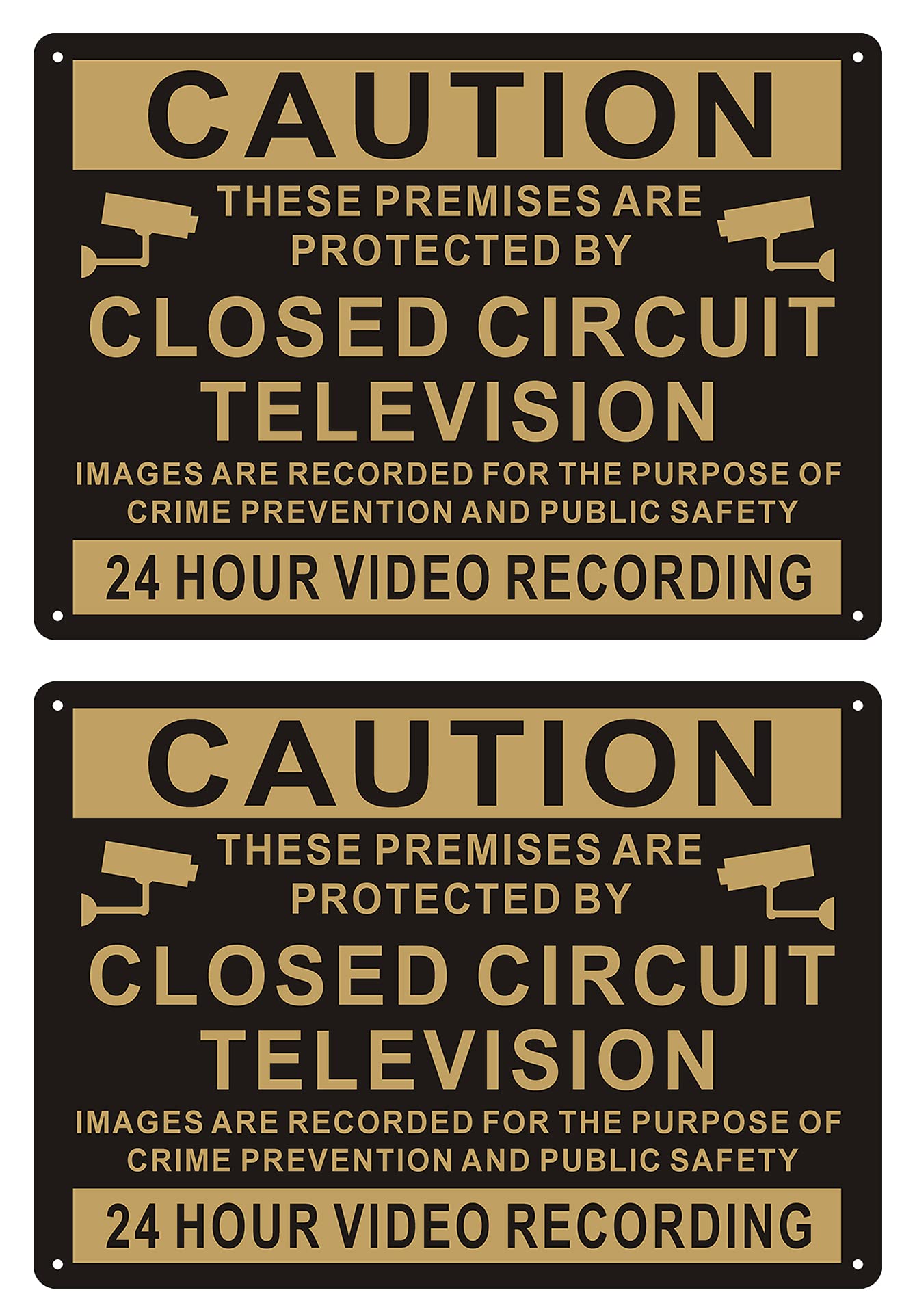 Andchi 2 pcs CCTV 24H Video Surveillance Sign, Closed Circuit Signs, Gold & Black Security Aluminium Metal Waring Signs for Home Yard, 14 x 10 inches