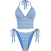 ZAFUL Striped Swim Suits for Women 2025 Halter V Neck Tankini Sets Terry Bikini High Cut Tie Side Thong Bathing Suit