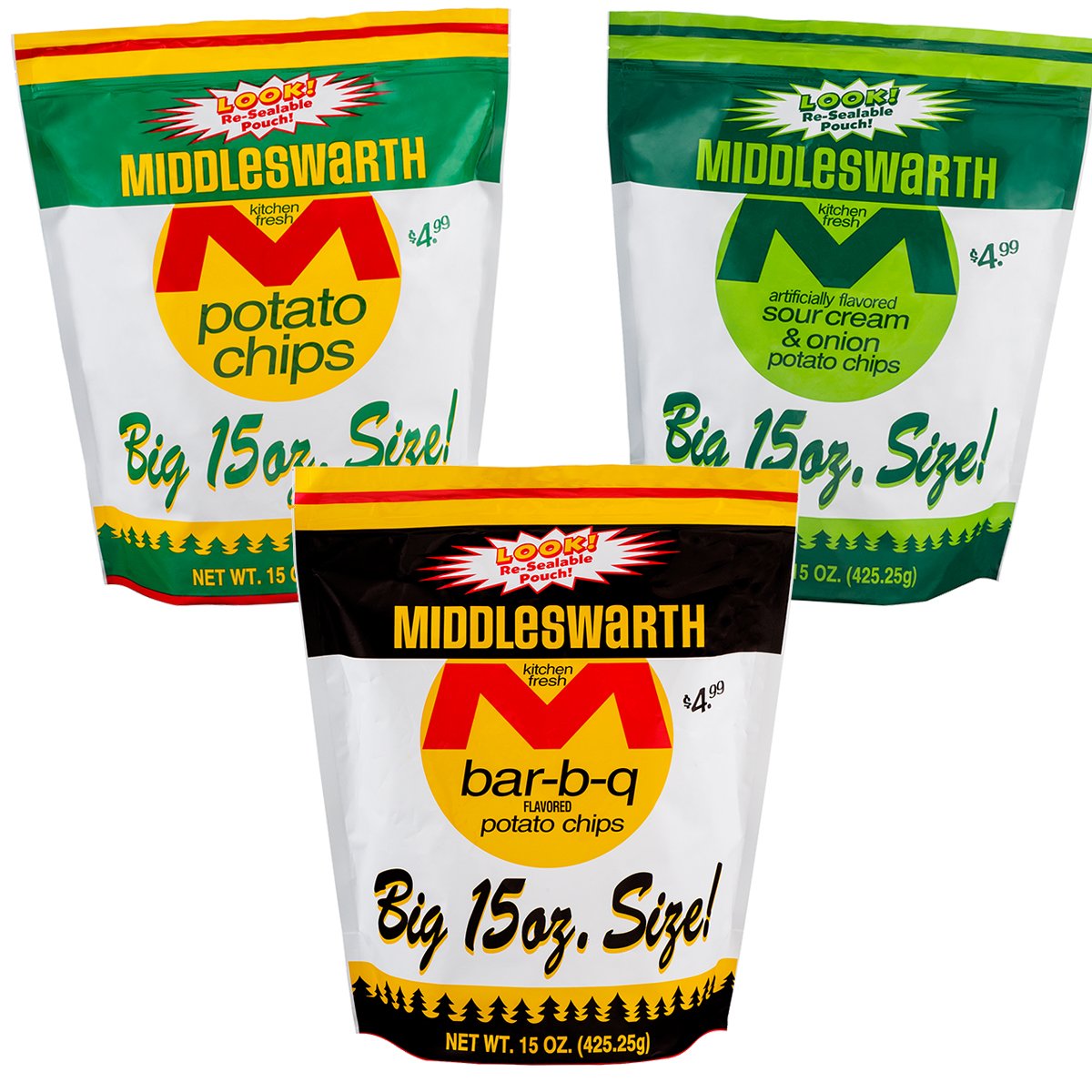Middleswarth Potato Chip Variety 3-Pack: Original, BBQ, Sour Cream & Onion 15 Oz. Bags (1 of Each)