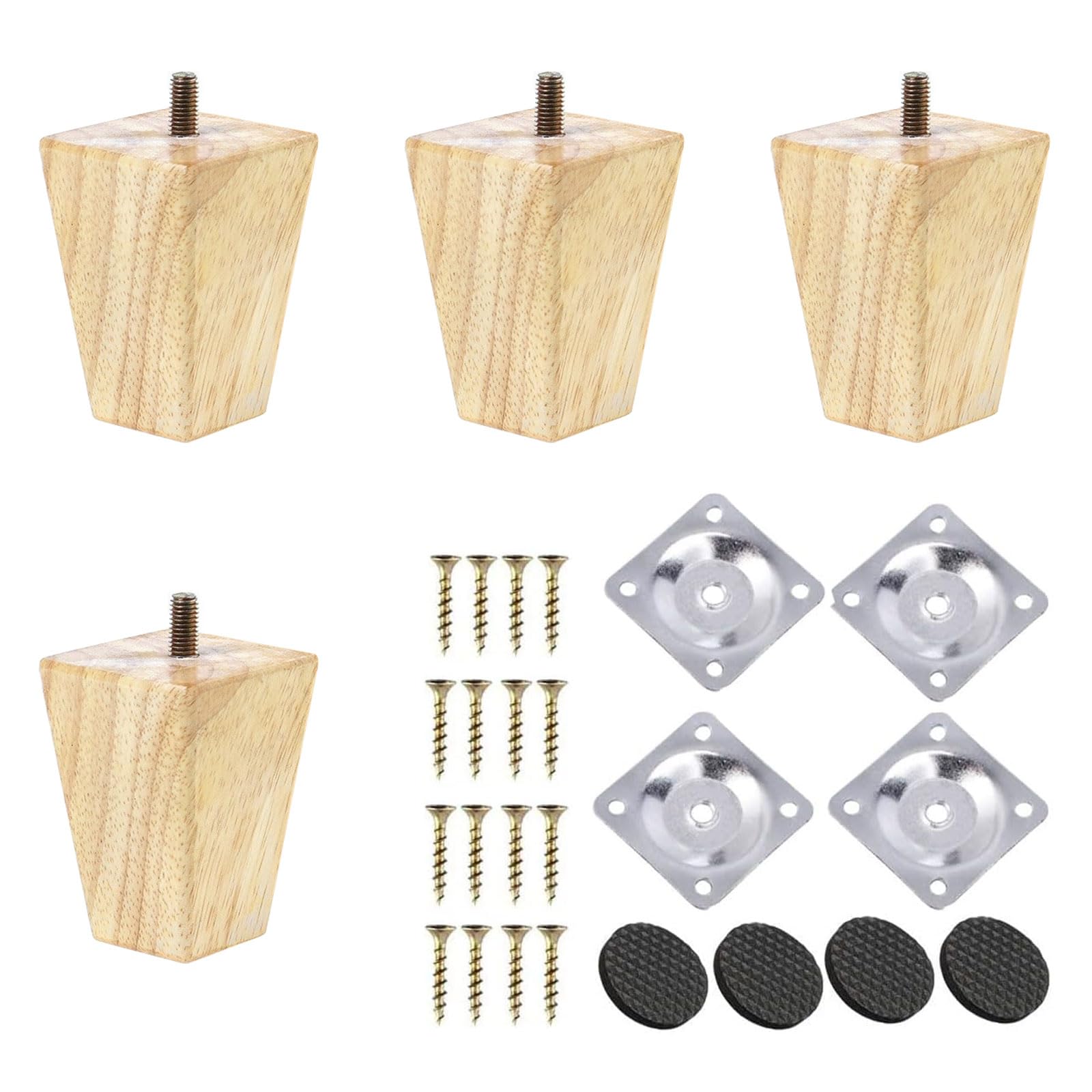 TAIANJI 4Psc Wooden Furniture Feet 10cm Solid Square Wooden Furniture Legs, Wooden Furniture Feet, Wooden Feet, Wooden Table Legs with Gasket Non-Slip Mat Screws for Couch Bed Armchair