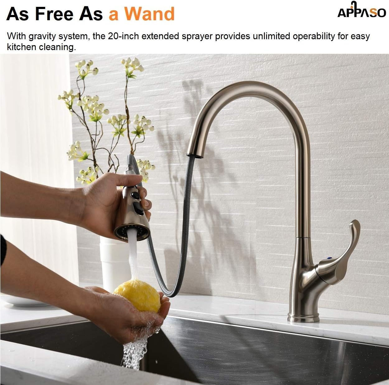 APPASO Pull Down Kitchen Faucet with Sprayer Stainless Steel Brushed Nickel - Single Handle Commercial High Arc Pull Out Spray Head Kitchen Sink Faucets with Deck Plate - - 