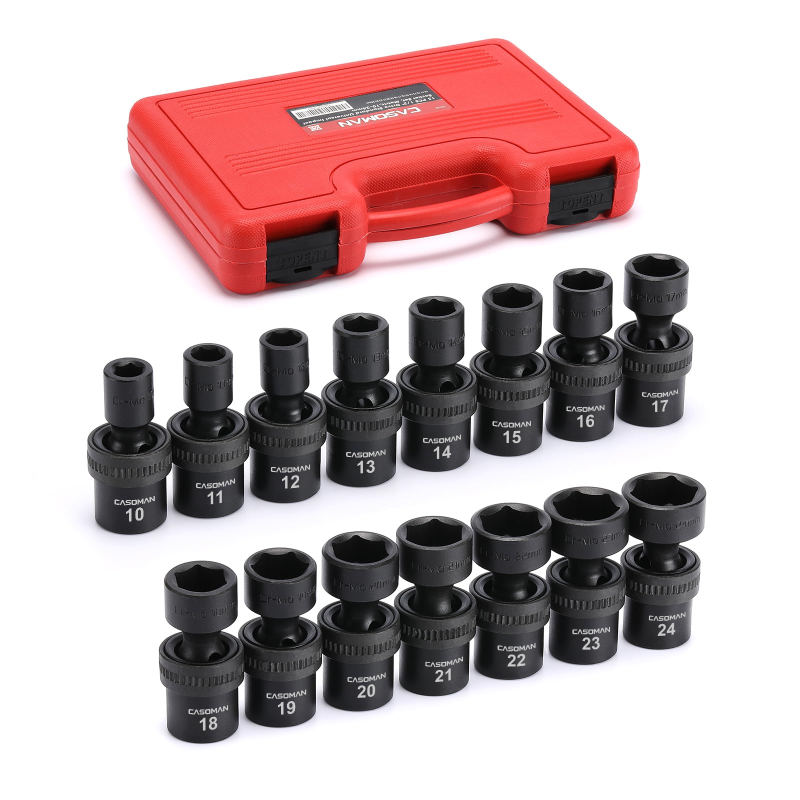 CASOMAN 15 PCS 1/2" Drive Standard Universal Impact Socket Set, 6 Point, CR-MO, Metric,10-24mm, Swivel Socket