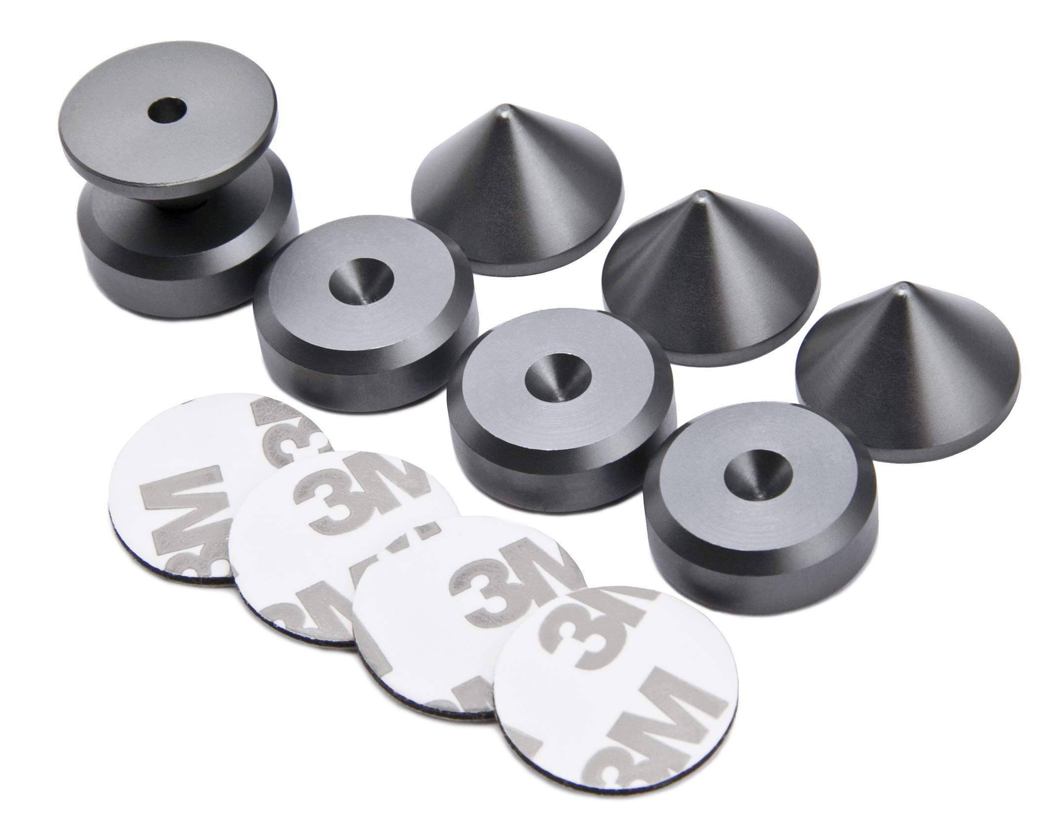 PrecisionGeek - Speakers Spikes and Pads Set, Grey Anodised Aluminium, Conical spikes 20mm diameter, Pads Chamfered Shape 20mm diameter, self adhisived included for HiFi Systems, Cabinets, Soundbars