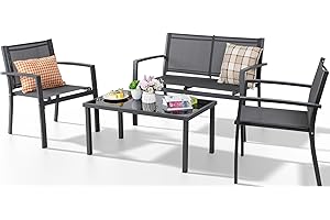 Shintenchi 4 Pieces Patio Furniture Set All Weather Textile Fabric Outdoor Conversation Set, with Glass Coffee Table, Loveseat, 2 Single Chairs for Home, Garden, Lawn, Porch（Gray）