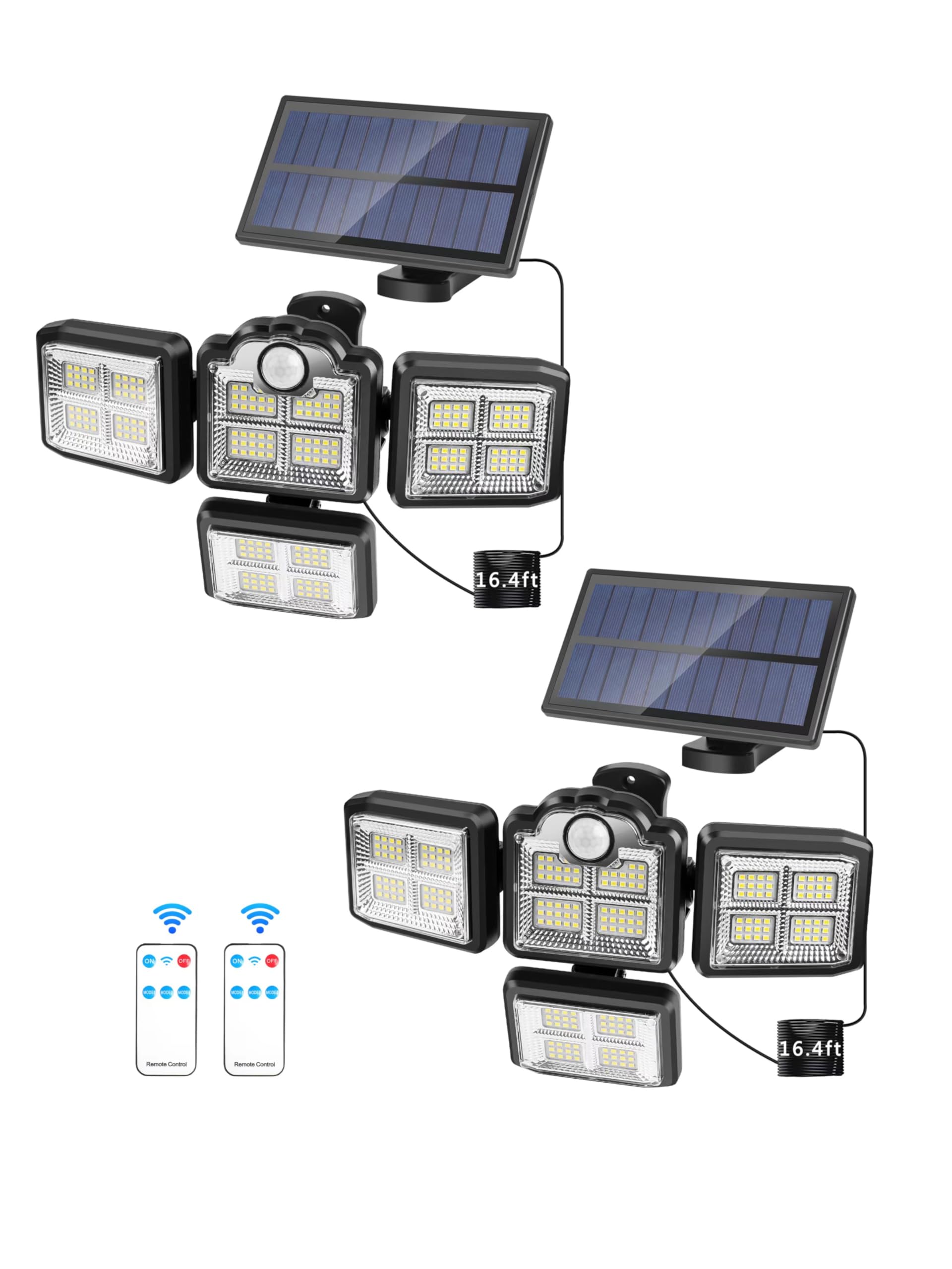 Photo 1 of Adgustar Solar Outdoor Light with Lights Reflector Motion Sensor IP65 Waterproof Remote Control 4 Heads 270° Wide Angle Solar Powered Wall Flood Light Separated Panel for Garden Patio Yard 2 Pack