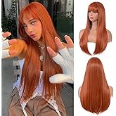 Aida ble Ginger Wig with Bangs for Women Long Straight Orange Ginger Wigs Heat Resistant Synthetic Wig for Girls Daily Use Party Halloween Cosplay wig 24inch