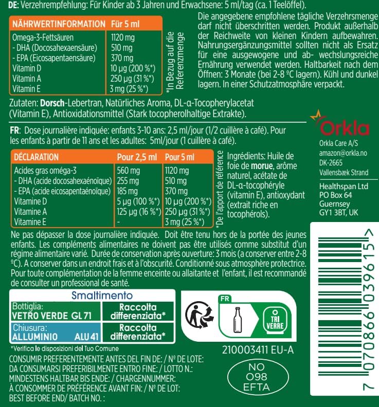 Moller’s ® | Huile de foie de morue enfant oméga 3 | Compléments alimentaires oméga-3 avec EPA, DHA, vitamines A, D et E | Prix Superior Taste | Marque vieille de 166 ans | Tutti Frutti | 500 ml — photo 8 sur 8