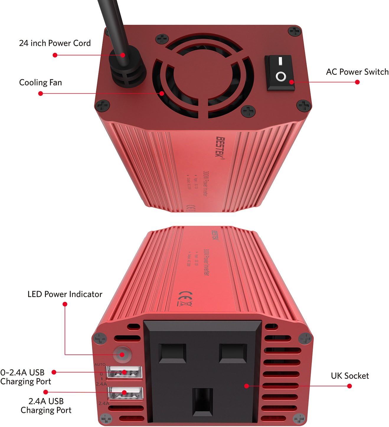 BESTEK 300W Power Inverter DC 12V to AC 230V Car Voltage Converter with 12-Volt Clip-On Battery Cigarette Lighter Adapter & 2-USB Charging Ports - Image 5