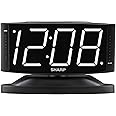 SHARP Home LED Digital Alarm Clock – Swivel Base - Outlet Powered, Simple Operation, Alarm, Snooze, Brightness Dimmer, Big White Digit Display, (Black-White LED)