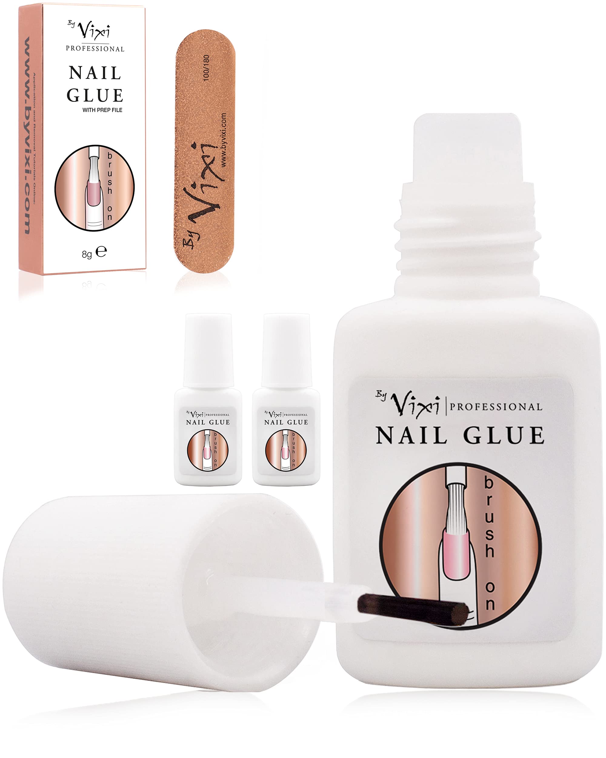 8ml x3 By Vixi EXTRA STRONG BRUSH-ON NAIL GLUE for False Nails, Press Ons, Tips & Acrylics, Quick Dry, Super Strong Nail Bond Adhesive for Mess Free Press-On Fake Nails – Salon Strength, Long Lasting