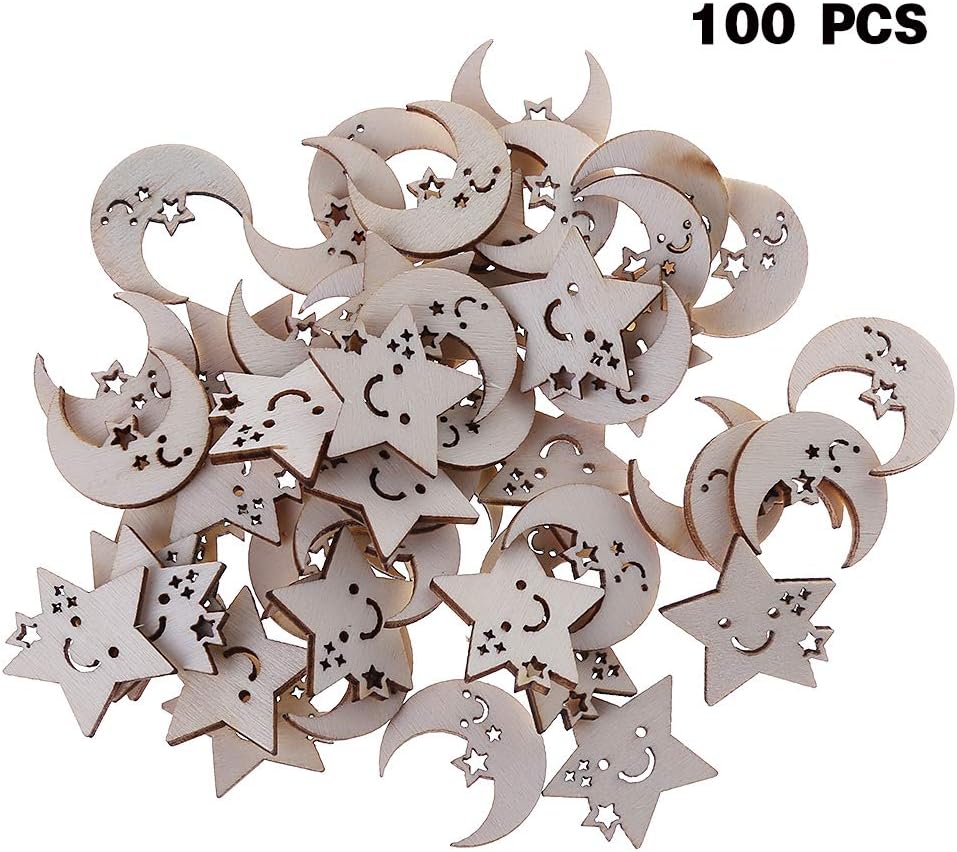 chuwa 100pcs Ramadan Decor Wooden Moon Star Pendant DIY Handicraft Hanging Ramadan Decorations for Home Party Supplies Wall Decor