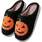 FAYUEKEY Spooky Pumpkin Slippers for Women Men House Memory Foam Fuzzy Halloween Ghost Holiday Bedroom Slippers