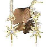 Gold Hoop Earrings for Women - Sterling Silver Star Earrings Sparkle Cubic Zirconia Loop Earring for Sensitive Ears aretes de mujer Lightweight Fashion Jewelry Gifts for Her Lady Mother's Day Birthday