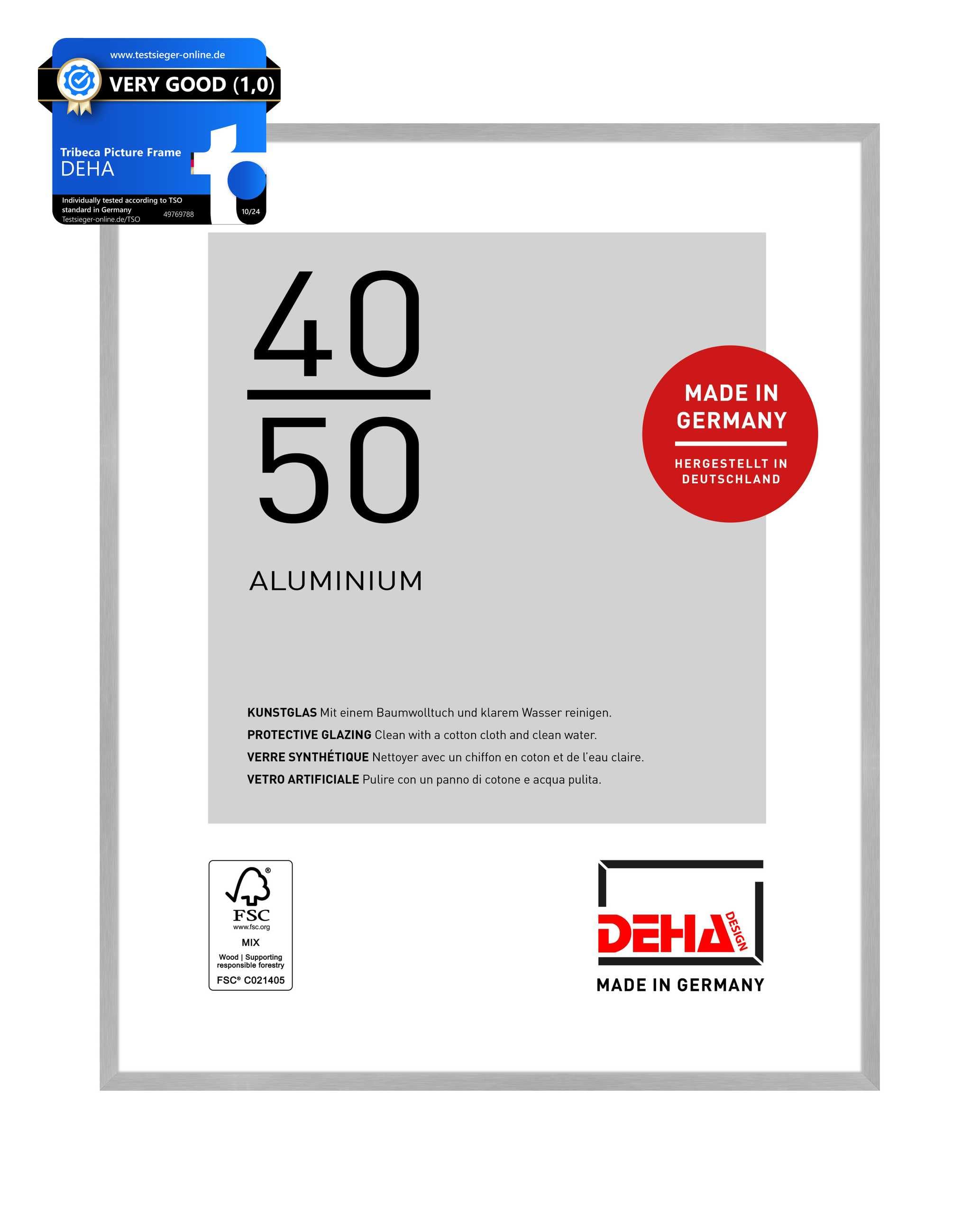 DEHA Design Tribeca Aluminium Picture Frame - 40x50 cm – Brushed Silver - with Synthetic Glass and Push/Turn Clips