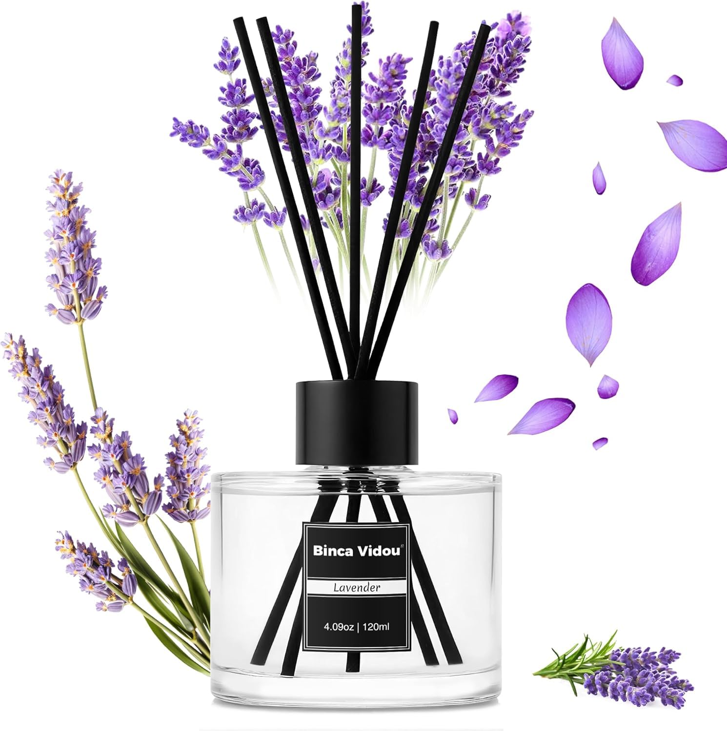 Binca Vidou Reed Diffuser, 120ml Lavender Scented Oil Set, Home Scented Diffuser, 8 Sticks, 50 Days Strong Aroma for Bedroom, Bathroom, Office