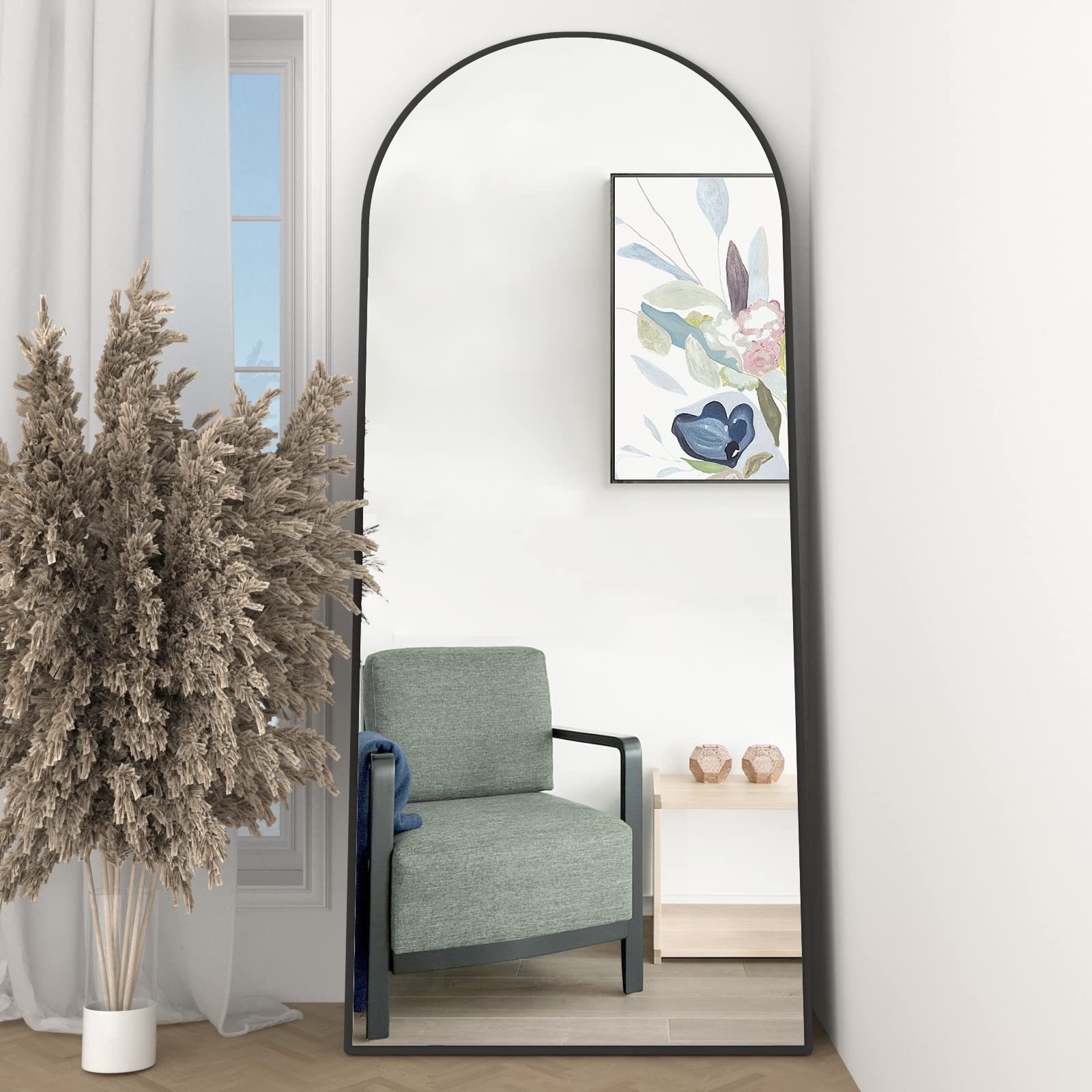 Miroir de Sol Arqué de 165 x 60 cm Miroir Pleine Longueur avec Support, Noir Grand Miroir Mural à Suspendre ou à Poser Contre Le Mur pour Chambre à Coucher, Entrée, Salon