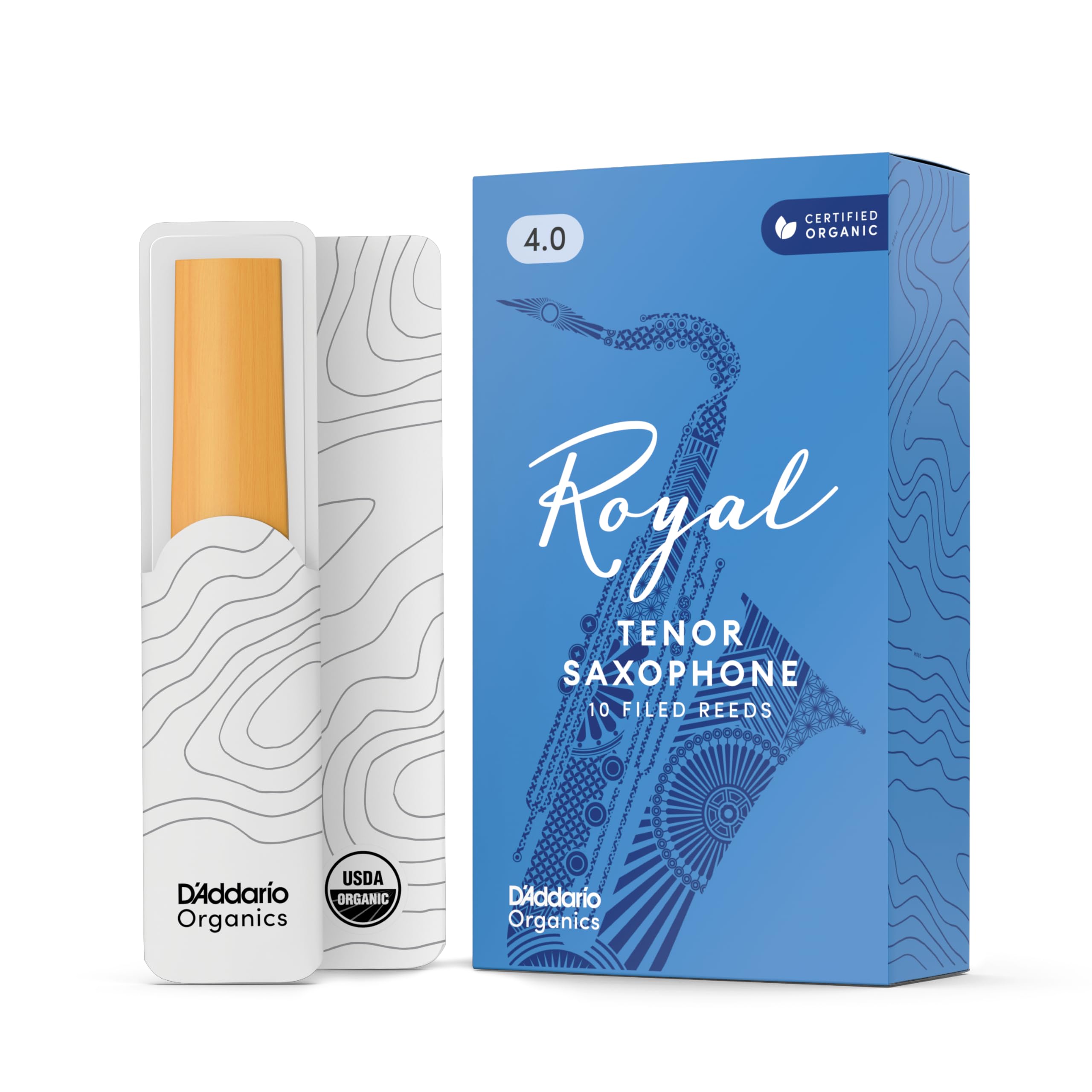 D'Addario Royal Organic Tenor Saxophone Reeds, Strength 4.0, 10-Pack