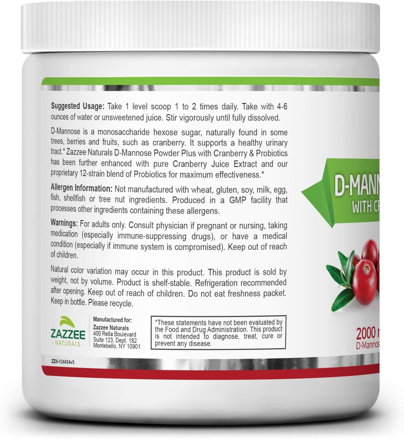 Zazzee D-Mannose Powder Plus, 67 Servings, 6.5 Ounces, Plus 5 Billion CFU Probiotics, Enhanced with Pure Cranberry Juice, Includes Free Scoop, Fast-Acting, Vegan, Non-GMO and All-Natural: Health & Personal Care