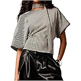 SweatyRocks Women's Striped Off Shoulder Halter Tops Dolman Short Sleeve Fitted Going Out Tees with Scarf