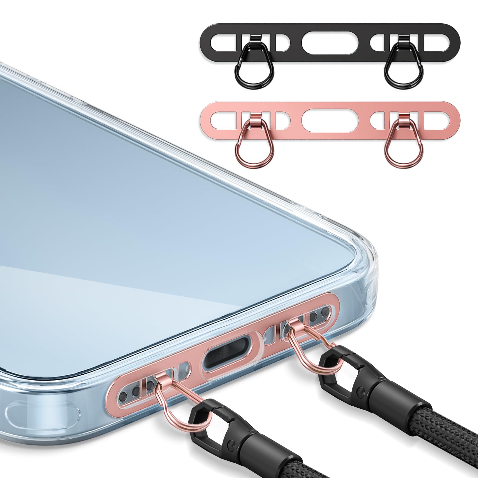 Photo 1 of saxsion Metal Phone Tether Tab for iPhone, Cell Phone Lanyard Patch with 2 rings,made of stainless steel, thin and sturdy, does not affect charging, prevents dropping and losing (Rose Gold+black)