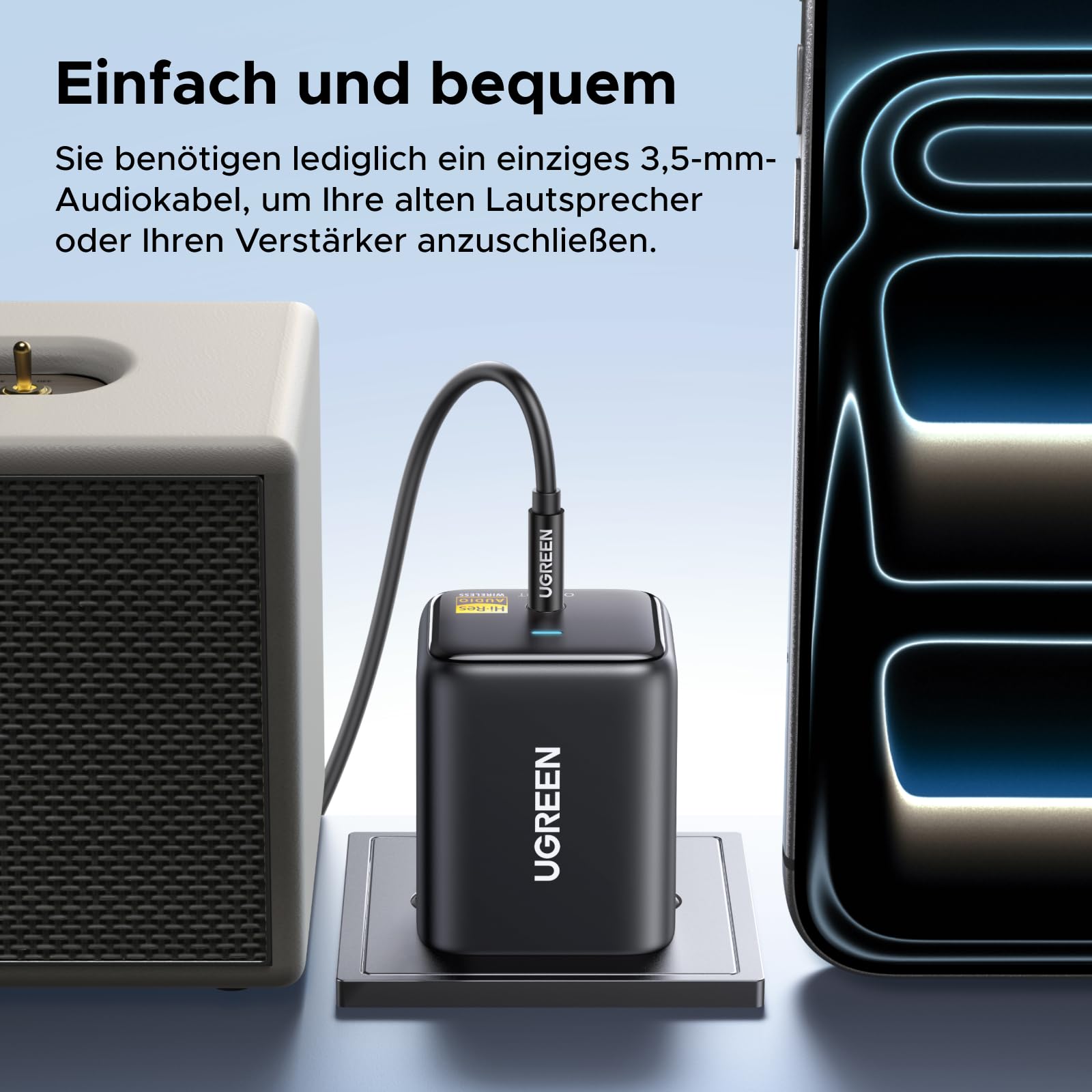 UGREEN Hi-Res Bluetooth 6.0 Adapter mit LDAC, Plug und Play Bluetooth Empfänger, 3,5 mm AUX Adapter für Stereoanlage, Verstärker und Lautsprecher, 10 m Reichweite mit geringer Latenz 9