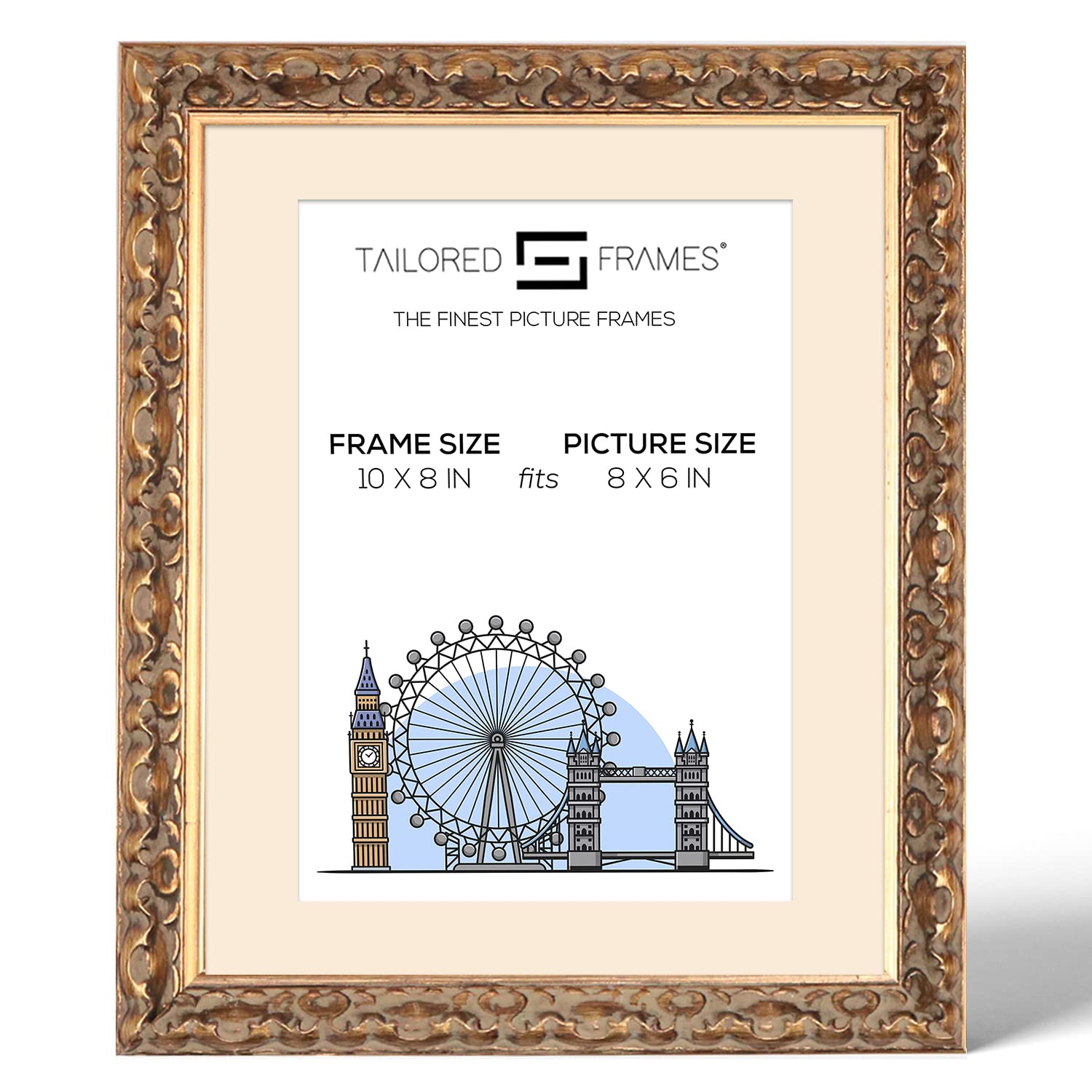 Tailored Frames Vienna Gold 10" x 8" Frame for 8" x 6" Picture | Rustic Style Vintage Single Picture Frame | Table Top & Wall Hanging Type | Photo Frame with Antique White Mount