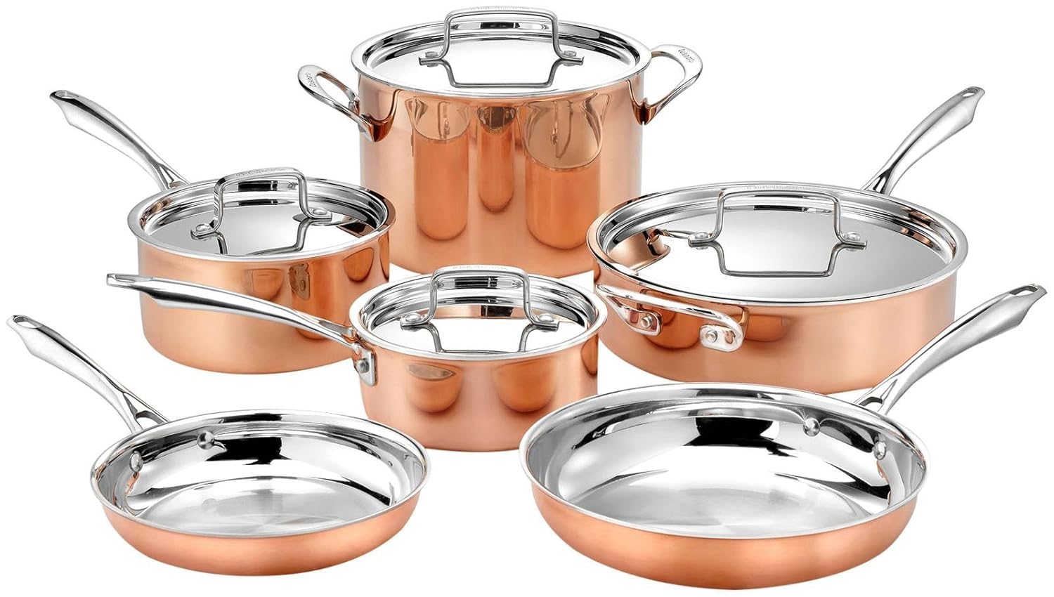 Cuisinart 10pc Tri-Ply Cooper Cookware Set: 1qt with Cover,2.5qt with Cover,4qr Saute with Cover and Helper Hander, 8" and 10" Skillets, 8 Quart Stock Pot, 20 Piece Set, Copper