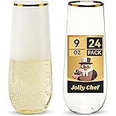 JOLLY CHEF 24 Pack Stemless Plastic Champagne Flutes Disposable 9 oz Gold Rim Plastic Toasting Glasses Shatterproof Recyclable for Party, Wedding, Birthday, Christmas