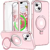Turquiase for iPhone 14/13 Full Body Shockproof Case with Magnetic Invisible Stand [Compatible with MagSafe] Built-in Screen Protector Military Drop ProtectionTranslucent Phone Cover -Pink