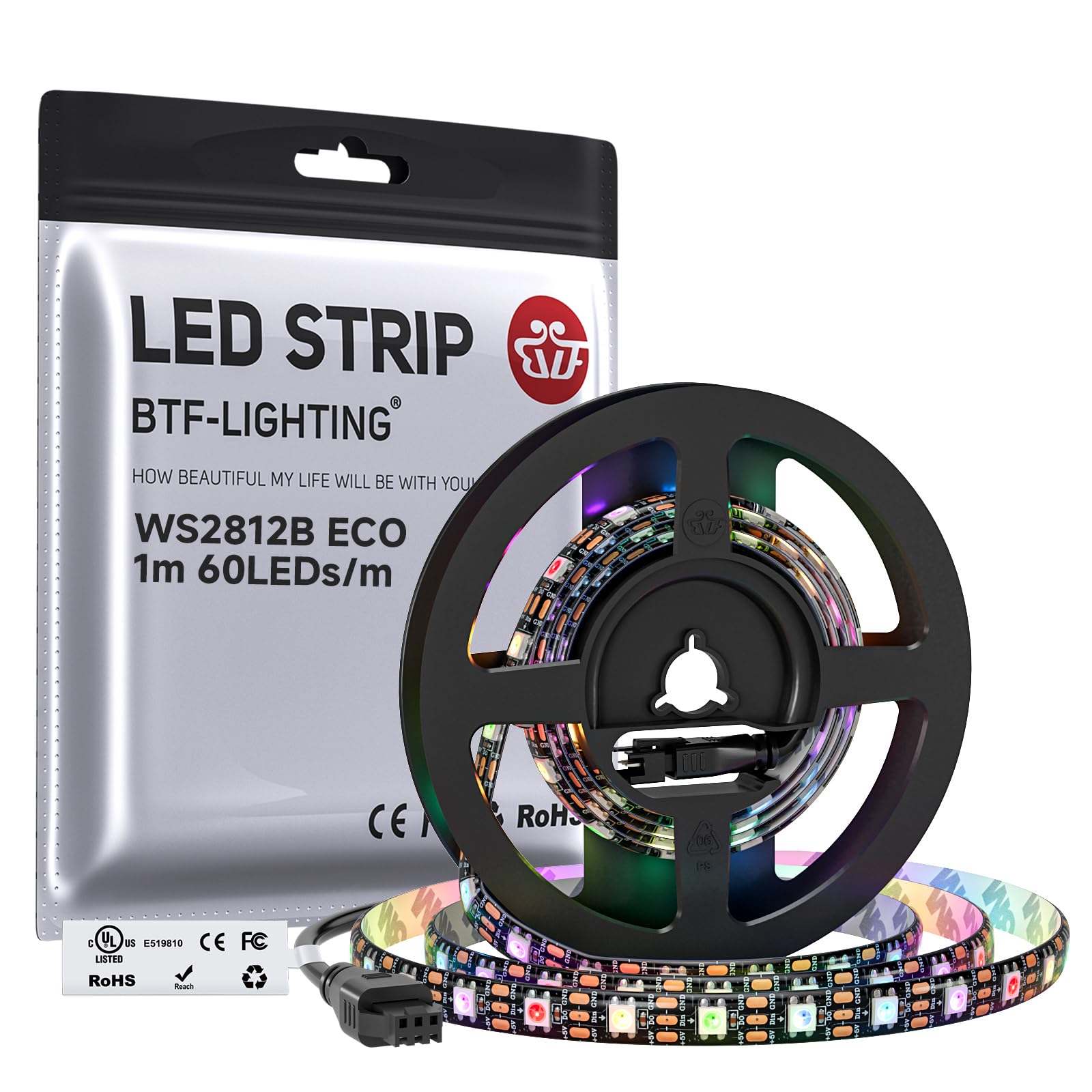 BTF-LIGHTING WS2812E ECO RGB Alloy Wires 5050SMD Individual Addressable 3.3FT 60Pixels/m Flexible Black PCB Full Color LED Pixel Strip Dream Color IP65 Waterproof DIY Projects Only DC5V