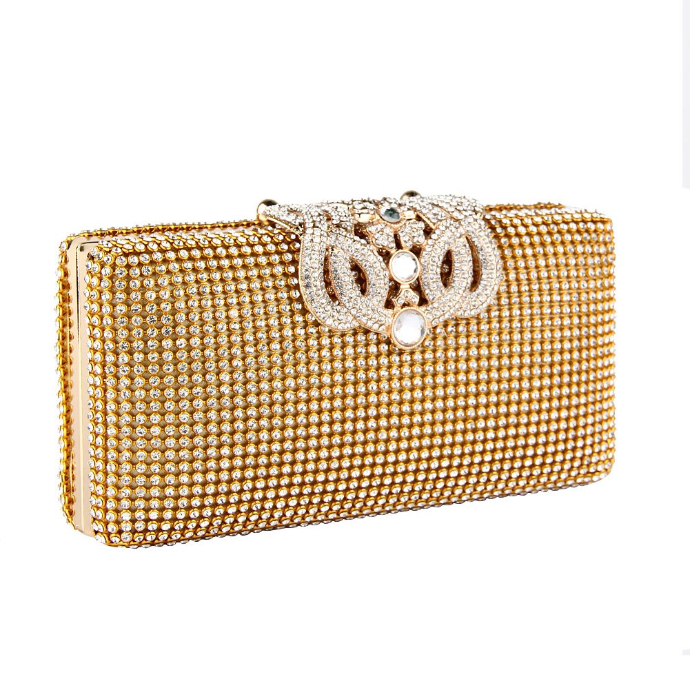 Eleoption Dazzling Crystal Gold Diamante Encrusted Evening Bag Clutch Purse Party Bridal Prom