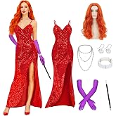 Gvnphal Jessica Rabbit Costume for Women Long Red Sequin Fancy Dress with Wig Necklace Gloves Bracelet Props Holder Earrings